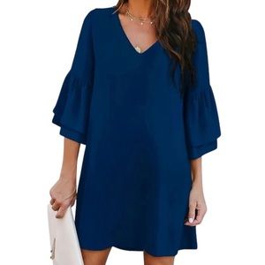 NWT || BELONGSCI || Blue Summer V-Neck Bell Sleeve Shift Mini Dress || size XL